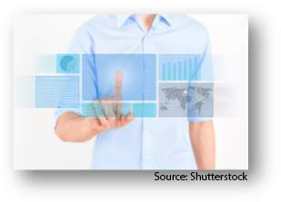 A person interacting via touch with a virtual computer display. Source: Shutterstock