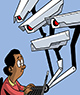 A cartoon showing a person who is surprised to see four surveillance cameras sprouting from the back of the computer that he is using.