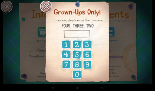 Parental control says area is for grown-ups only and asks user to enter three numbers.