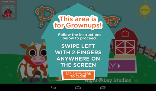 Parental control says area is for grownups and asks user to swipe left with two fingers anywhere on the screen.