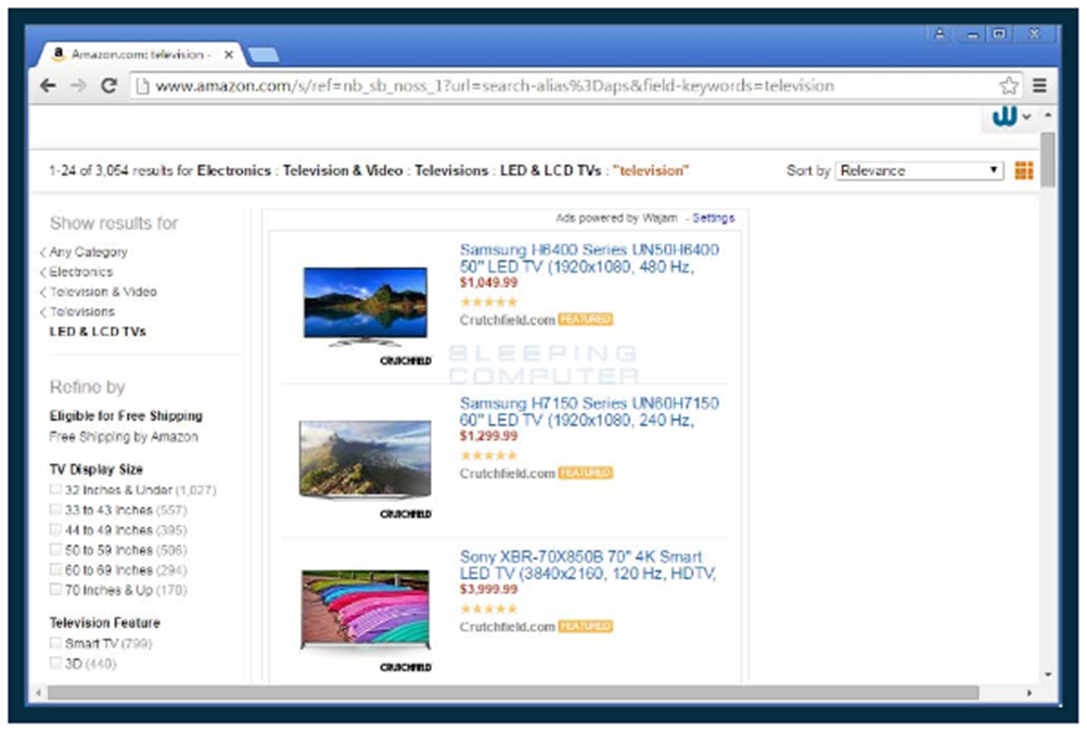 Fig. 2: “Ads powered by Wajam” inserted into a search for LED and LCD televisions on the amazon.com website.