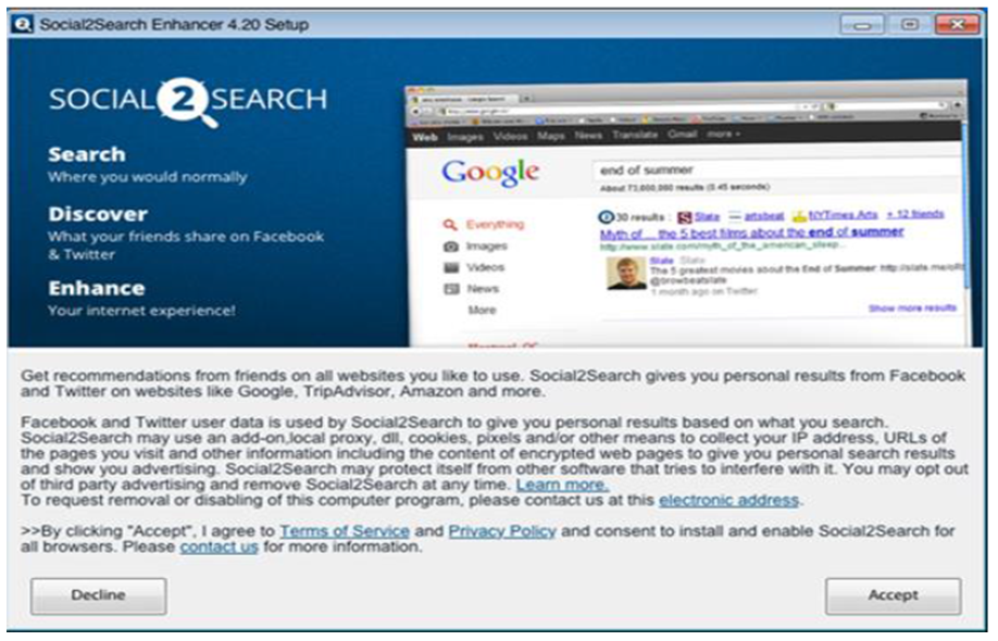 Fig 3: Example of standard Social2Search image-based, single-offer, consent screen.