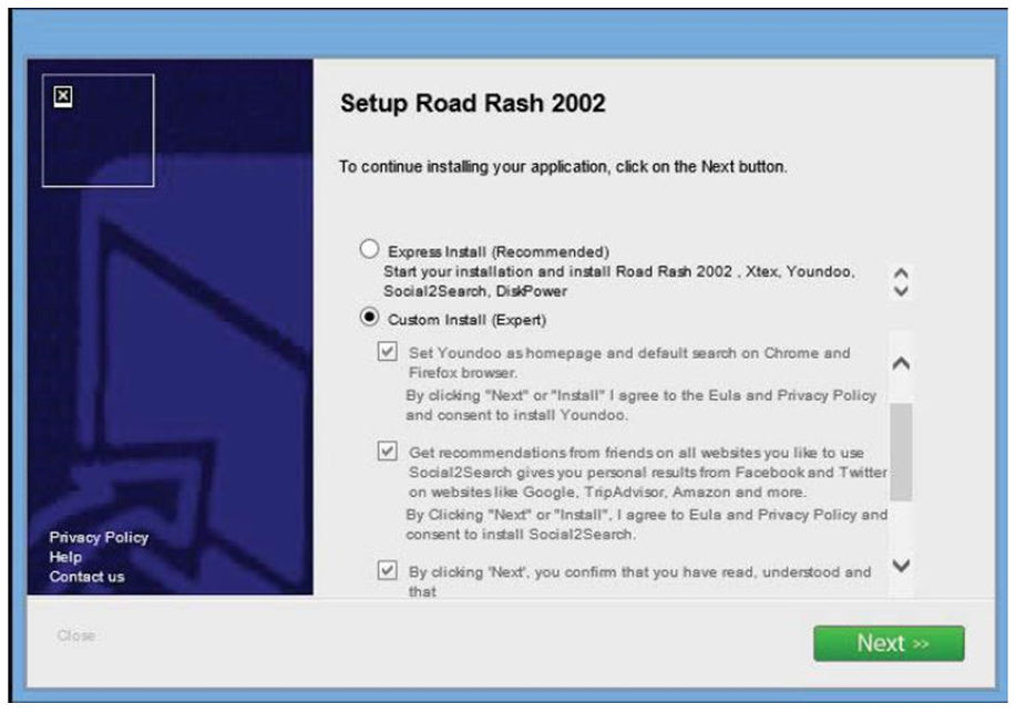Fig. 6: Social2Search and other software offered during an installation of “Setup Road Rash 2002“ free software offered by the distributor Amonetize.
