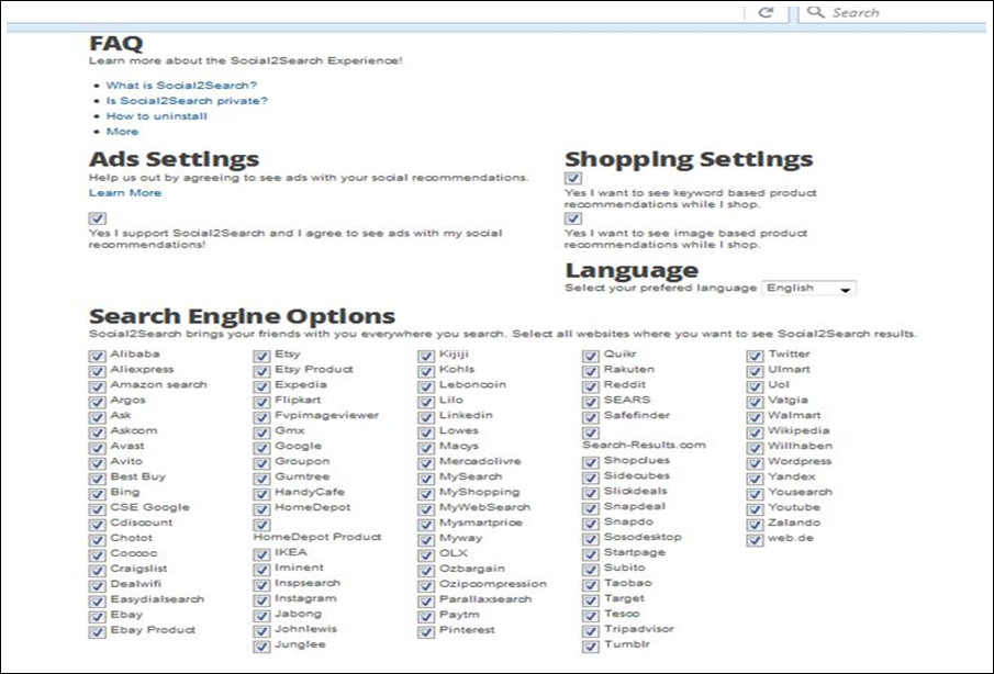 Fig. 7 Social2Search settings and opt-out page