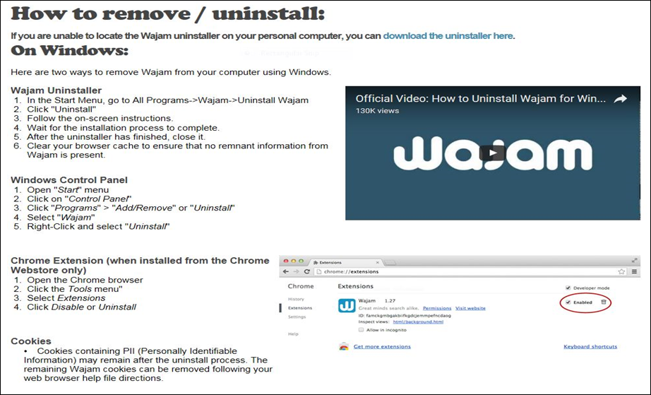 Figure 8 : Marche à suivre pour supprimer ou désinstaller le logiciel publiée sur Wajam.