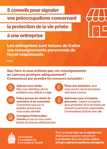 Fiche d'information imprimable : 5 conseils pour signaler vos préoccupations concernant la protection de la vie privée à une entreprise. La description suit.