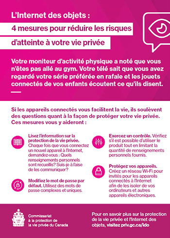 Fiche d'information imprimable : L’Internet des objets : 4 mesures pour réduire les risques d’atteinte à votre vie privée. La description suit.