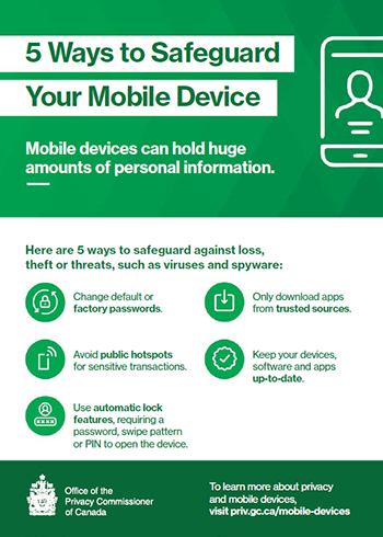 Printable information card: 5 Ways to Safeguard Your Mobile Device. Description follows.