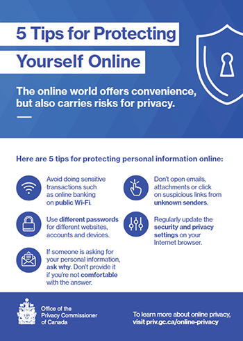 Printable information card: 5 Tips for Protecting Yourself Online. Description follows.