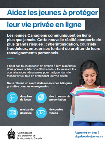Fiche d'information imprimable : Aidez les jeunes à protéger leur vie privée en ligne. La description suit.