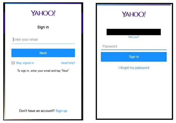 Image of Yahoo’s sign in page where the user has to enter his email and password.