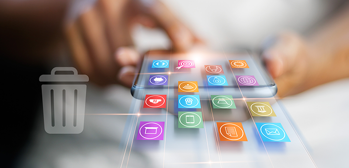 Mobile apps pictured beside a garbage can.