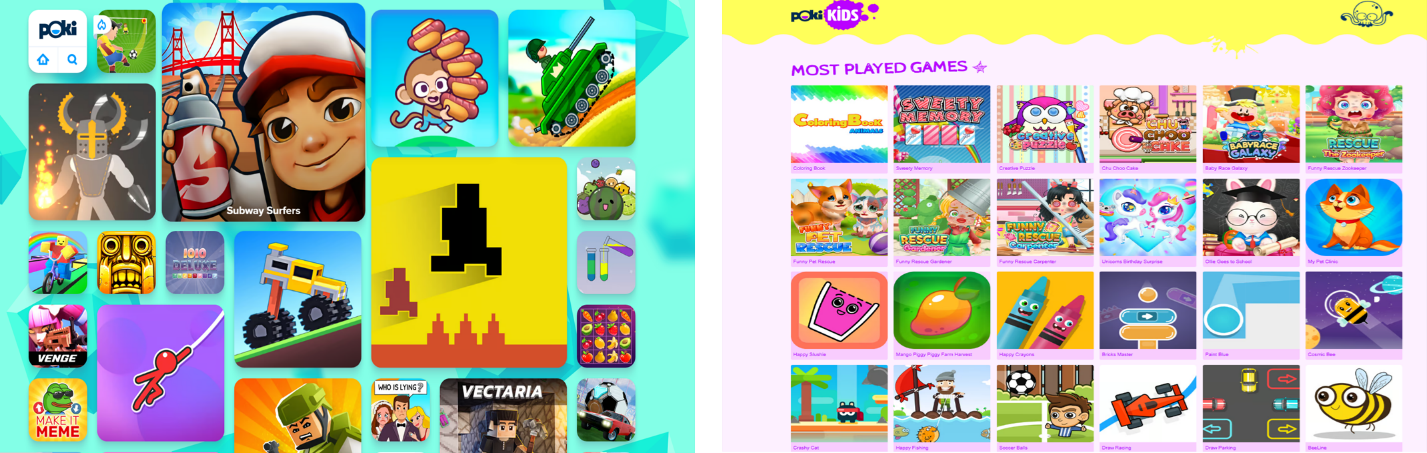 Figure 12 - Poki.com (on the left) and kids.poki.com (on the right) (see description below)