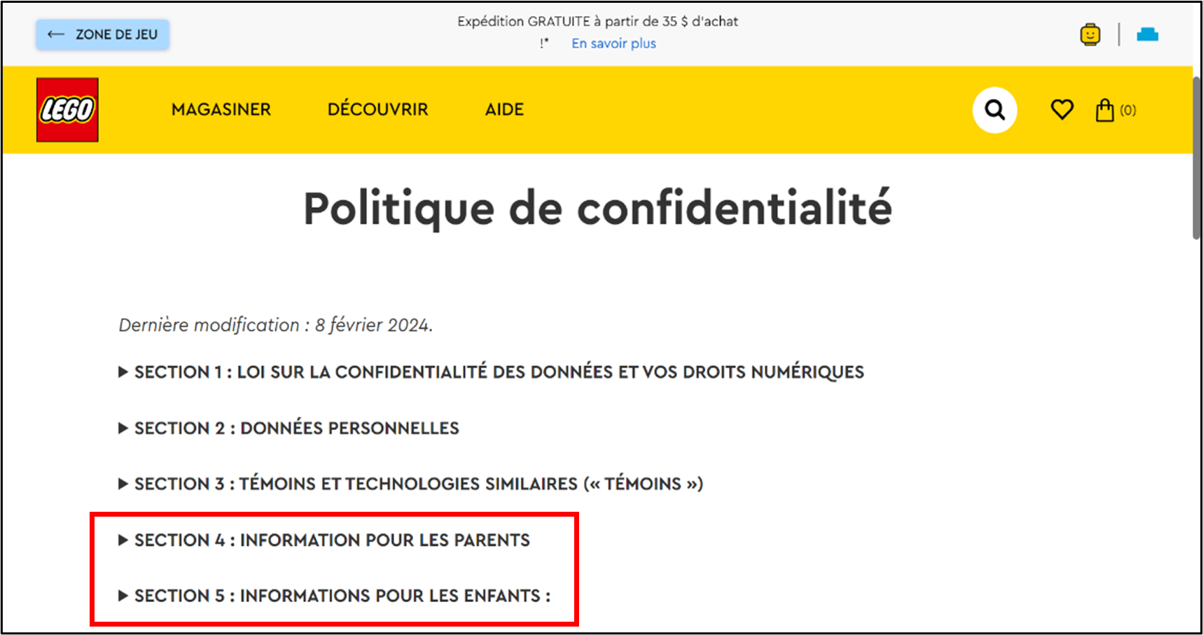 Figure 17 – Politique de confidentialité accessible pour les parents et pour les enfants (expliqué ci-dessous)