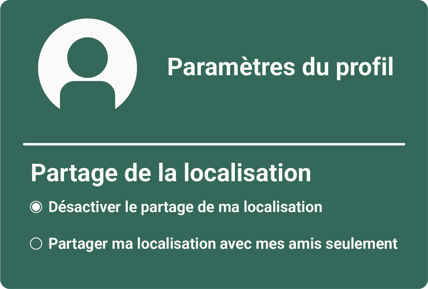 Cette image montre un exemple de partage de localisation qui est désactivé par défaut dans les paramètres du profil de l’utilisateur. Version texte ci-dessous: