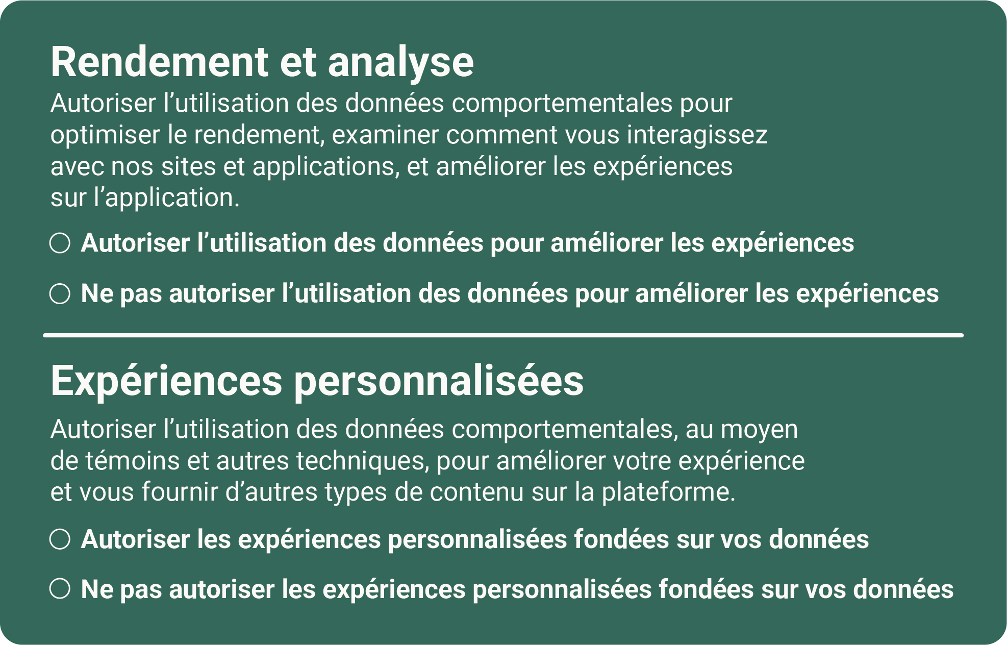 Cette image montre des choix clairs pour les utilisateurs, leur permettant de définir comment leurs données sont utilisées aux fins de rendement et d’analyse, et aux fins d’expériences personnalisées. Version texte ci-dessous.