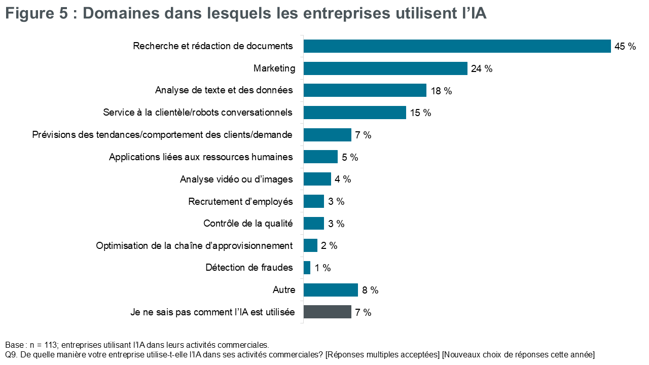 Figure 5 : Domaines dans lesquels les entreprises utilisent l’IA