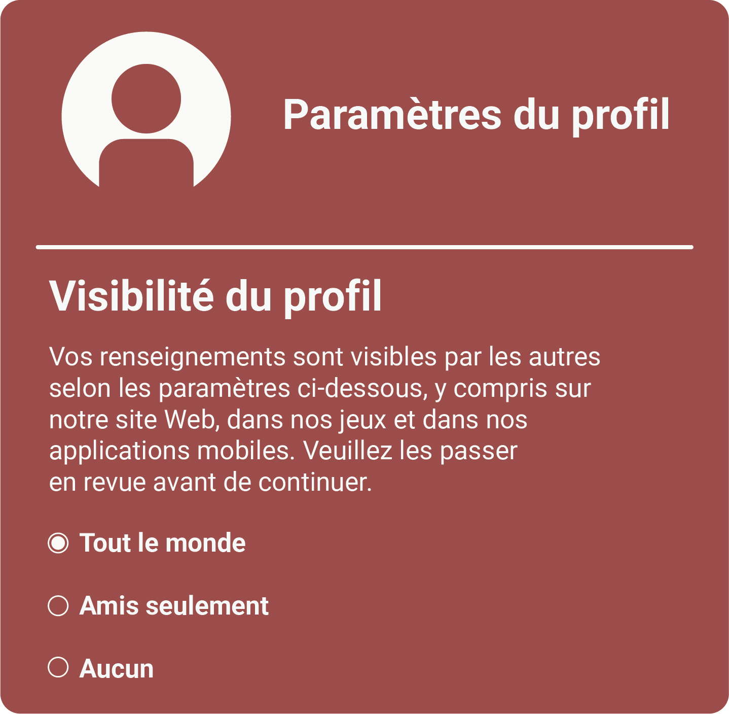 Cette image montre le profil d’un utilisateur dont les paramètres sont définis par défaut comme étant visibles par « tout le monde ». Version texte ci-dessous:
